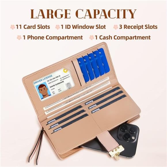 Women's Long Leaf Bifold Wallet Leather Card Holder Purse Zipper Buckle Clutch - Picture 6 of 6